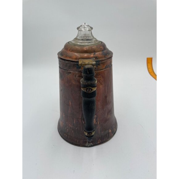 Antique Copper Coffee Pot With Glass Lid & Wooden Handle - Picture 2 of 6